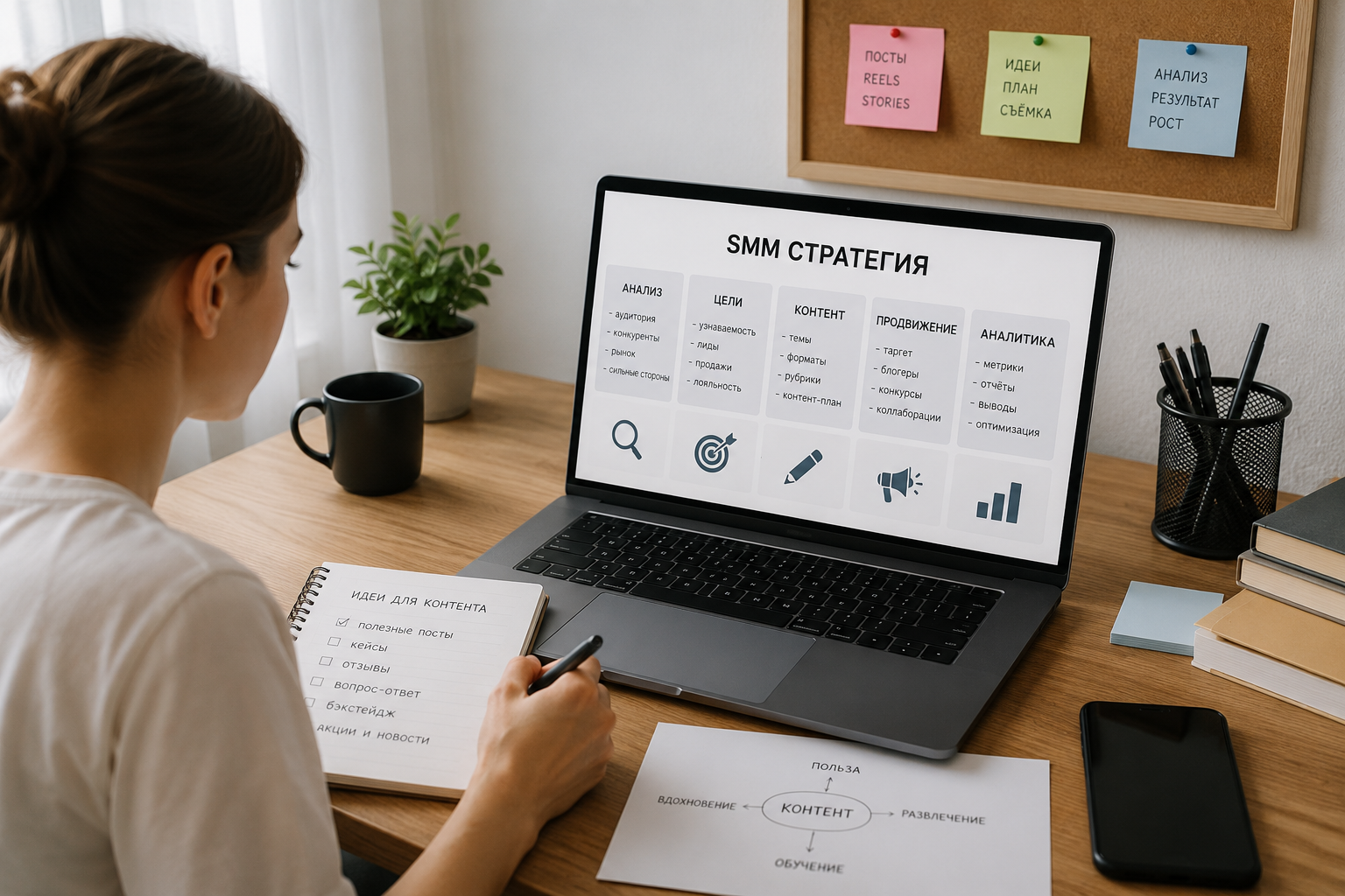 Команда маркетологов разрабатывает SMM-стратегию за рабочим столом с ноутбуками и заметками